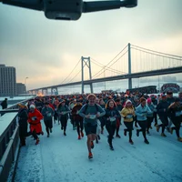 Large crowd of runners racing across a bridge toward the camera at dusk, with a suspension bridge and city skyline behind them