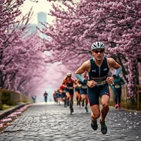 Runner in triathlon kit leading a race along a cobblestone path lined with pink cherry blossom trees