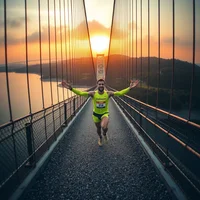 Runner with arms outstretched on a suspension bridge roadway at sunset with orange sky and water below