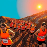 Large group of runners in orange vests racing across a dusty hillside with a stylized sun and planet in the sky