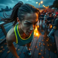 Female runner in yellow-green tank top leaning forward on a wet bridge at dusk, crowd and bokeh lights in background