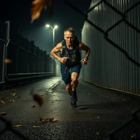 Older man running alone at night along a fenced pathway under orange street lights