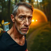 Middle-aged man in black shirt standing in a forest with an orange glowing orb in the background