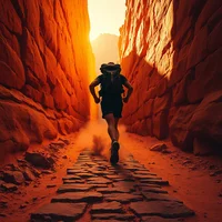 Person with backpack running through a narrow red rock canyon toward a glowing orange sunset