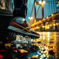 Close-up of a red and yellow sneaker splashing through a puddle on wet urban pavement at night