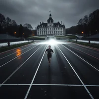 Lone runner on a wet athletics track at dusk, with a large historic building visible in the background