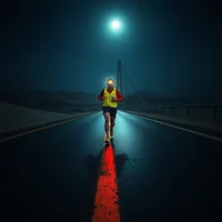 Lone runner in yellow vest on wet road at night, illuminated by a street lamp overhead