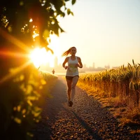 Woman jogging along a path bordered by fields and trees at golden-hour sunset
