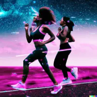 Two women running in athletic wear against a vibrant pink and purple galaxy sky background