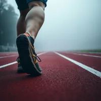 Extreme close-up of trail shoes on foggy athletics track at pre-dawn, lone jogger in hydration vest dwarfed by misty spring darkness.