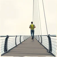 Charcoal sketch of a lone jogger in hi-vis vest on a fog-shrouded suspension bridge at dusk, low angle view.