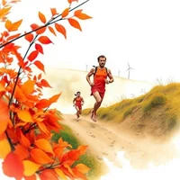 Two runners on a dirt trail surrounded by vivid orange autumn leaves with wind turbines in the background