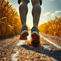 Close-up of runner's legs and shoes on a rural road bordered by golden wheat fields in bright sunlight