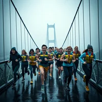 Large group of runners racing across a suspension bridge in foggy, wet weather