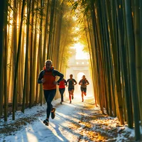 Group of runners on a snowy path through a sunlit bamboo forest