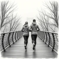 Two people jogging side by side on a wooden pedestrian bridge surrounded by bare trees in foggy conditions