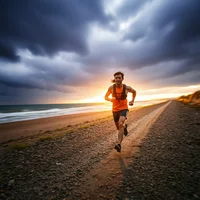 Man in orange vest running along a coastal path at sunset under dramatic storm clouds