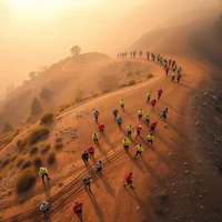 Aerial view of a large group of runners in colorful gear ascending a winding desert hill trail in golden hazy light
