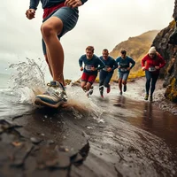 Group of runners splashing through shallow water along a rocky coastal trail on an overcast day