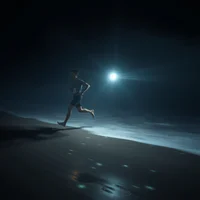 Lone runner sprinting on a dark beach at night with a bright light glowing overhead