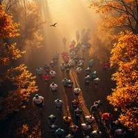 Aerial view of a large group of runners on an autumn forest trail bathed in golden misty sunlight