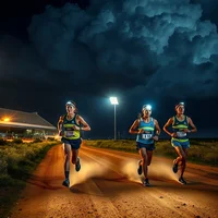 Three runners wearing headlamps race along a floodlit dirt road at night under stormy dark clouds.