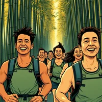 Ukiyo-e woodblock print close-up of joyful adult runners in trail vests racing through misty autumn bamboo forest mid-morning