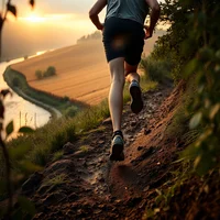 Runner ascending a dirt trail at sunset with green hillside and winding path in the background