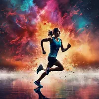 Silhouette of runner against colorful nebula sky with water reflection