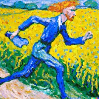 Colorful artistic illustration of person in blue running through yellow field with mountains in background