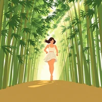 Woman in a white dress running barefoot along a sunlit path through a tall green bamboo forest