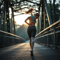 Woman in sportswear and a ponytail running up a steel-truss bridge with low sunlight behind her