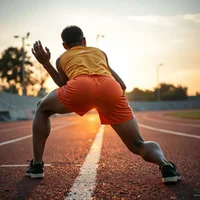 Person in yellow tank top and orange shorts leaning back on a red running track at sunset, hands near hips
