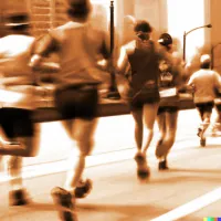Sepia-toned, motion-blurred runners jogging down a city street past buildings and a street lamp
