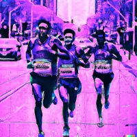 Three runners in race bibs sprint down a city street toward the camera, with parked cars and buildings behind them, in a pink-purple tint.