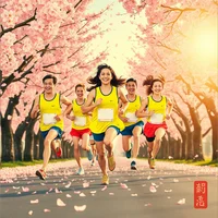 Group of runners in yellow and red athletic gear racing along a cherry blossom-lined avenue