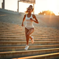 Woman in white athletic wear running up concrete stadium steps in golden sunlight