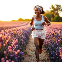 Smiling Black woman running through rows of purple lavender fields at golden hour in light blue top and white shorts