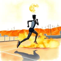 Silhouette of a runner sprinting on a track with an orange fiery backdrop and wind turbines