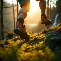 Close-up of a runner's trail shoes stepping over mossy rocks in a sunlit forest