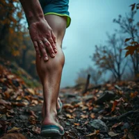 Close-up of a hand gripping a bare calf on a leaf-strewn autumn trail, with a misty background