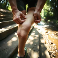 Close-up of hands gripping a person's bare calf on a stone staircase in dappled sunlight along a wooded path.