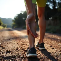Runner's legs on a dirt road, one hand gripping the back of a calf; yellow shorts, dark running shoes.