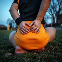 Athlete in orange shorts and black top kneels on grass at dusk, hands pressed to the back of the leg.