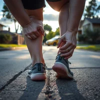 Runner bent forward on a suburban street, gripping the back of their lower leg with both hands.
