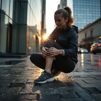 Woman crouched on wet city pavement at sunrise, gripping her lower leg with both hands
