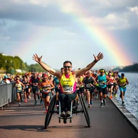 Para-athlete in neon kit leads joyful marathon crowd along sunny riverside path under a vivid rainbow, fine art photo.