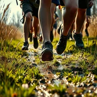 Art Nouveau gold-leaf close-up of mud-splashing trail shoes from a competitive race pack crossing a wet spring meadow at midday