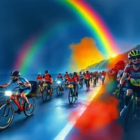 Low-angle watercolor of para-athletes in reflective gear and headlamps racing coastal cliffs at night under a rainbow, playful and vibrant.