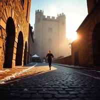 Lone runner on a cobblestone street lined with historic stone buildings at sunrise